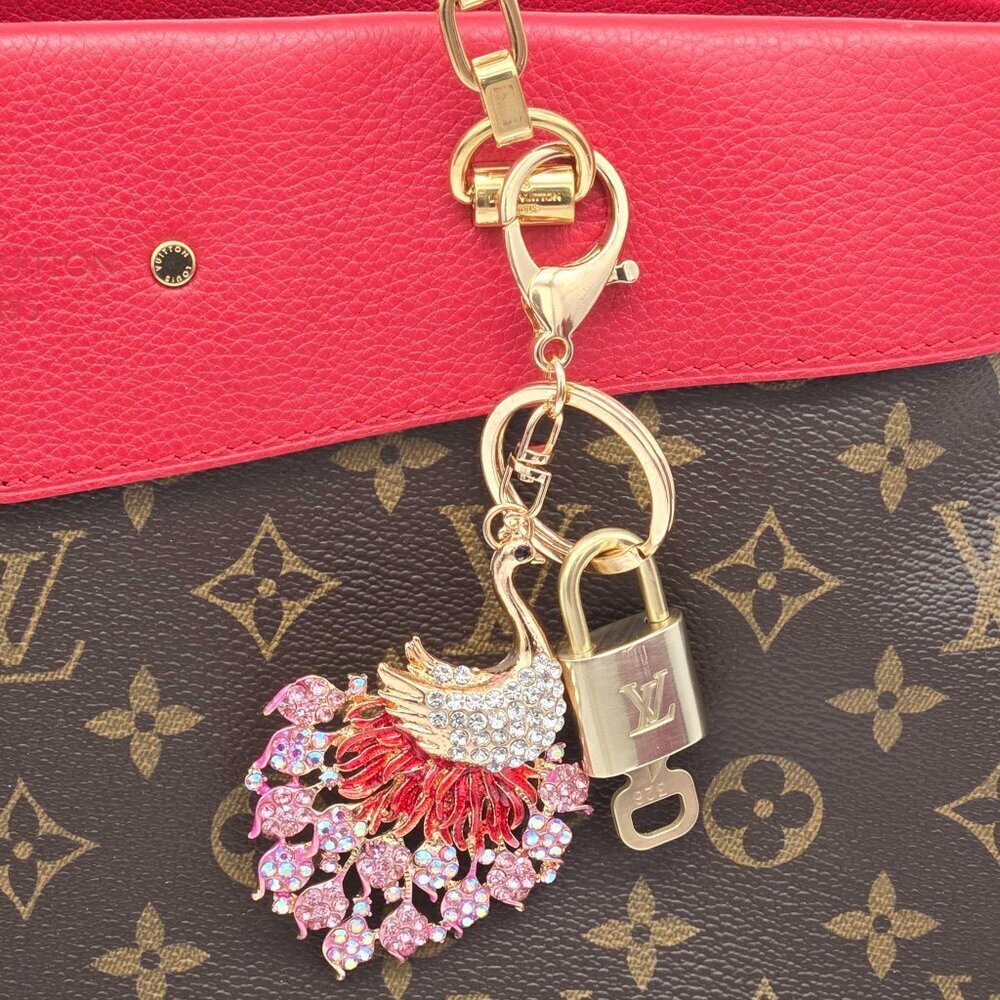 LV Authentic Gold Lock & Key 🔑 Luxury Bag Charm w/ Unbranded Peacock Keychain - Picture 7 of 8
